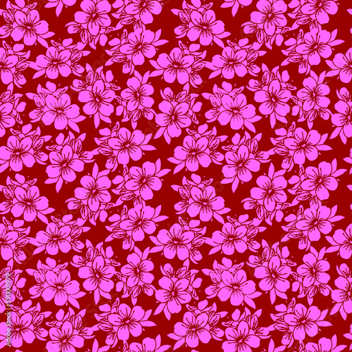 Wallpaper Mural seamless pattern of pink silhouettes of flowers on a red background, texture, design Torontodigital.ca