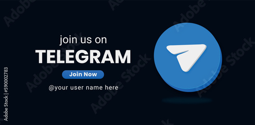 Join Us Telegram social media Banner, 3d modern logo with telegram icon. photo