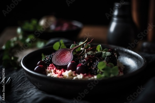 Plate with Nordic diet food on dark background. AI Generated.