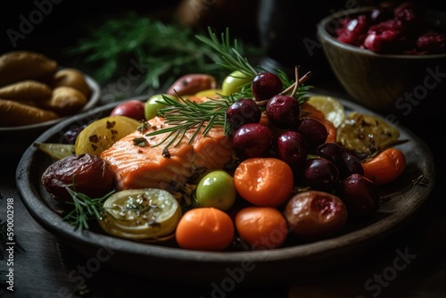 Plate with Nordic diet food on dark background. AI Generated.