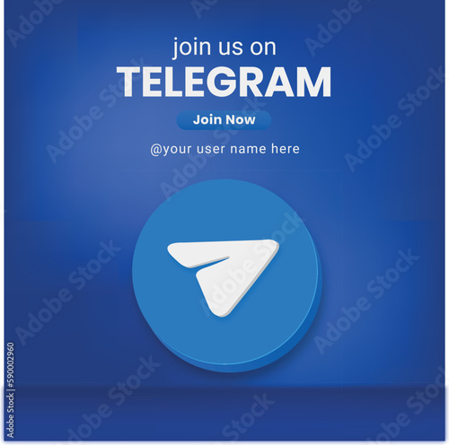 Join Us Telegram social media Banner, 3d modern logo with telegram icon.
