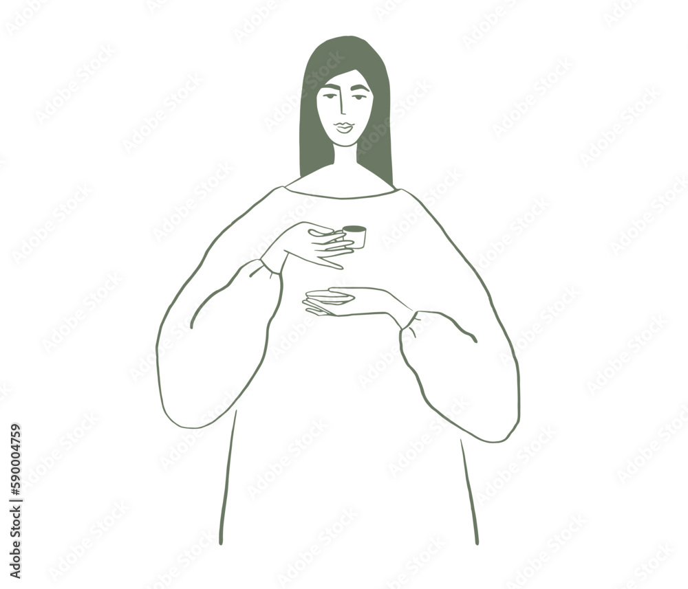 Line art portrait of woman in dress drinking small cup of coffee or tea ...