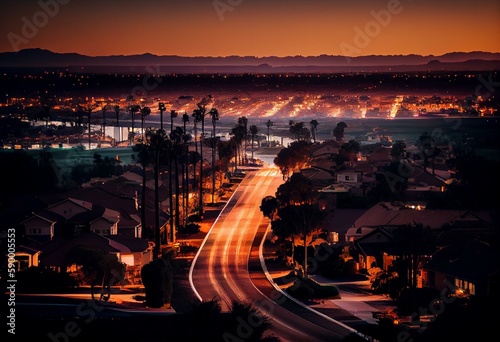 A view of Yorba Linda, California, USA during twilight from the city skyline. Generative AI photo