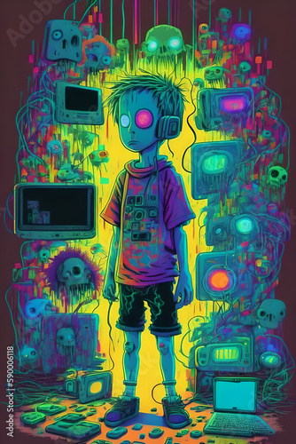 The boy stay staying among different gadgets with zomby eyes photo