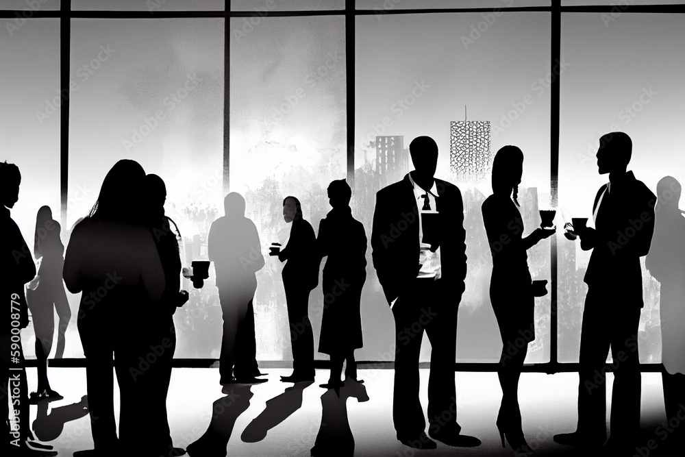 Networking event, business meeting, coffee break or buffet, silhouettes of people against the background of a panoramic window.