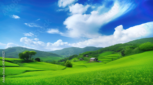 Rural landscape with hilly terrain, blue sky and clouds. Generative AI