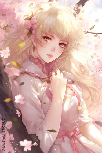 Beautiful anime girl portrait in spring blooming garden with pink sakura flowers and petals created with Generative AI technology