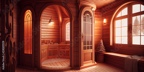 The interior of a large wooden sauna with large glass partitions.