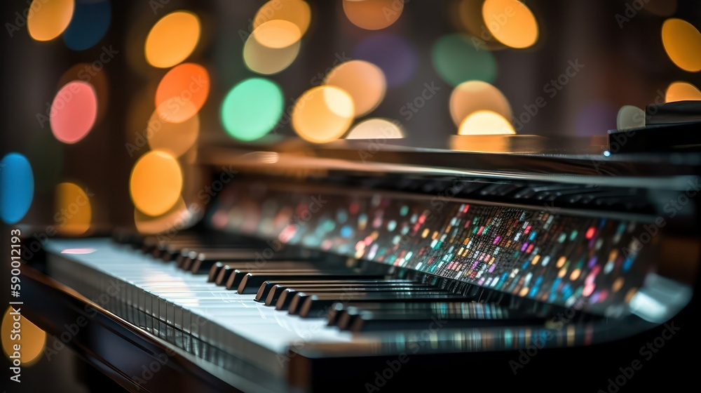 innovative non-standard keyboard of a futuristic grand piano against the background of festive illumination. Generative AI