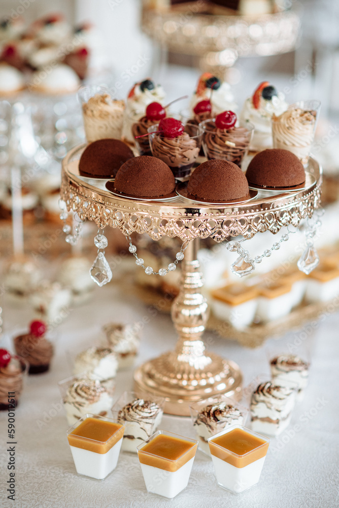 Luxury wedding candy bar close-up of cakes