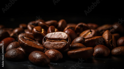 Brown Roasted Coffee Beans Closeup On Dark Background. generative ai