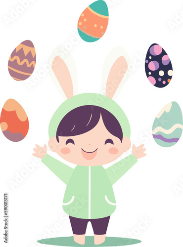 Happy and cute little girl with hoodie and rabbit ears with easter eggs around concept of Easter holiday. Vector of cute girl isolated on white background, vector image.