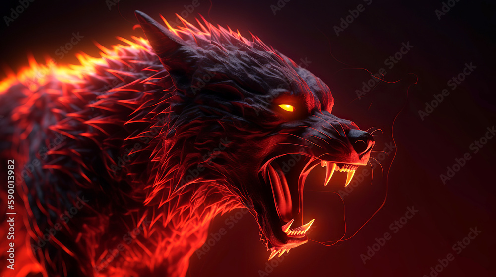 Angry wolf with glowing eyes in red light
