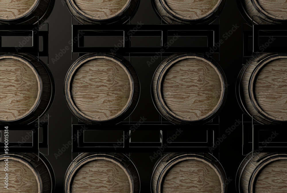 Stack of wooden wine barrels on black background. Stack of wooden wine barrels on black background.
