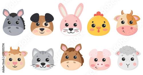 Farm animals face set isolated on white background. Cute cartoon animals collection: rabbit, sheep, goat, cow, donkey, horse, pig, cat, dog, chicken. Hand drawn characters. Vector illustration.