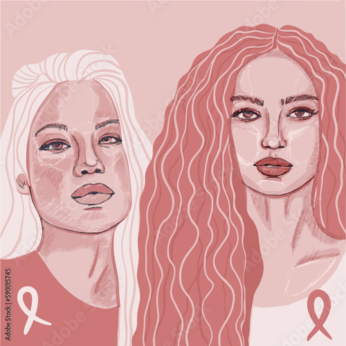 Two strong women. Pink badge ribbon on women chests. Healthcare, medicine and breast cancer awareness concept
