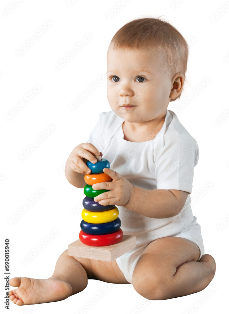 Cute Baby Boy Playing with Colorful Toys - Isolated