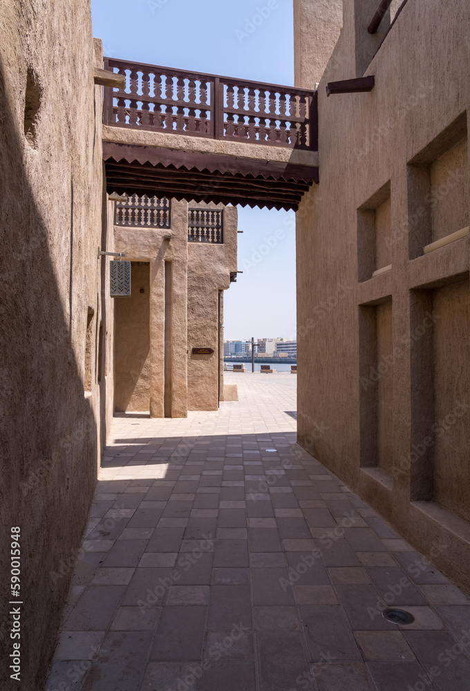 Narrow street leading to the Creek in the Al Shindagha district and museum in Bur Dubai