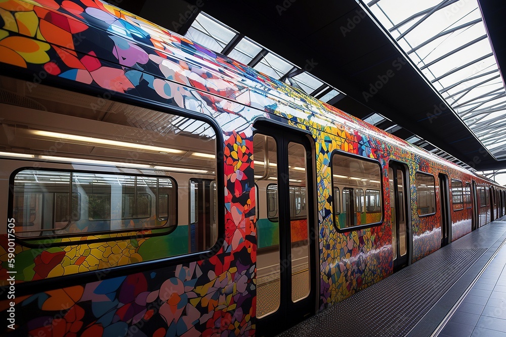 Obraz premium State-of-the-Art Train Arriving at Striking Train Station, Generated by AI