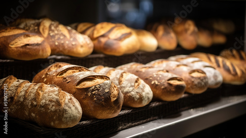 Delicious loaves of bread in a baker shop. Different types of bread loaves on bakery shelves. generative ai