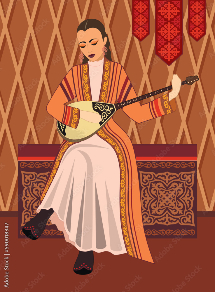 Obraz premium Vector illustration. A beautiful young woman in a Kazakh national costume plays a dombra musical instrument on the background of a yurt