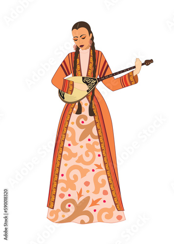 Vector illustration. A beautiful young woman in a Kazakh national costume plays a dombra musical instrument on the background of a yurt
