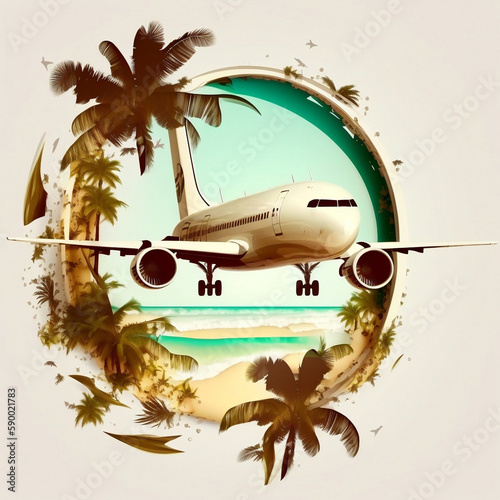 Aerial View of Airplane over a Tropical Beach, Perfect for Weekend Getaway and Tourism. Generative AI