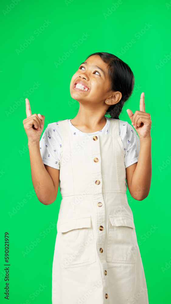 Face, pointing and girl with motivation, green screen and choice with inspiration, happiness and show. Portrait, female child and young person with direction, decision and promotion with joy or smile Face, pointing and girl with motivation, green screen and choice with inspiration, happiness and show. Portrait, female child and young person with direction, decision and promotion with joy or smile