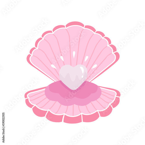 open seashell with heart, pearl. Vector Illustration for printing, backgrounds, covers and packaging. Image can be used for greeting cards, posters, stickers and textile. Isolated on white background.