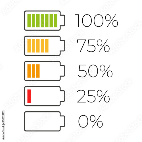 Set of battery level indicators. Empty, low, full, percentages. Vector illustration.
