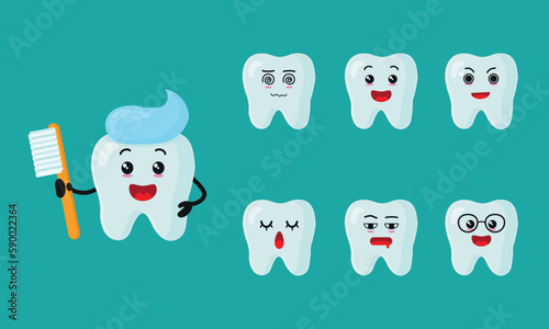 cute children dental clinic teeth set illustration vector sticker for clean tooth hold brush