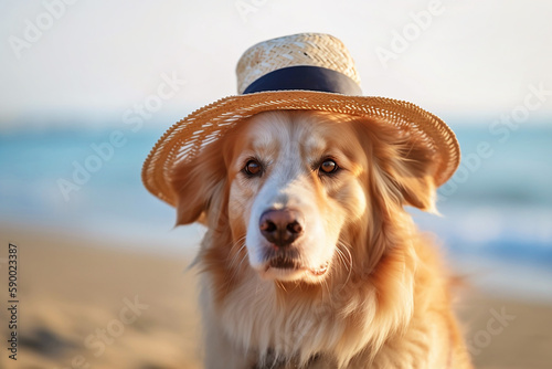 Golden retriever dog wearing summer straw hat on sandy beach with ocean and blue sky in background, Generative AI illustration © Firn
