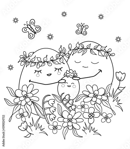 Hand-drawn vector illustration of a family of Easter eggs, black and white coloring page,white isolated background