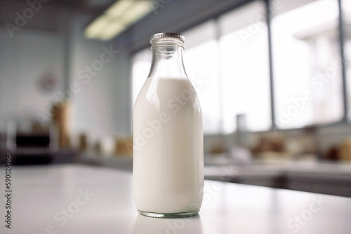 Full glass milk bottle. Generative AI illustration