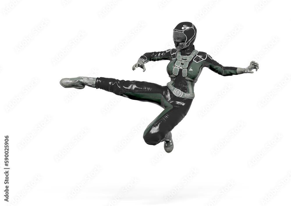 cosmonaut girl is doing a side kick on white background cosmonaut girl is doing a side kick on white background