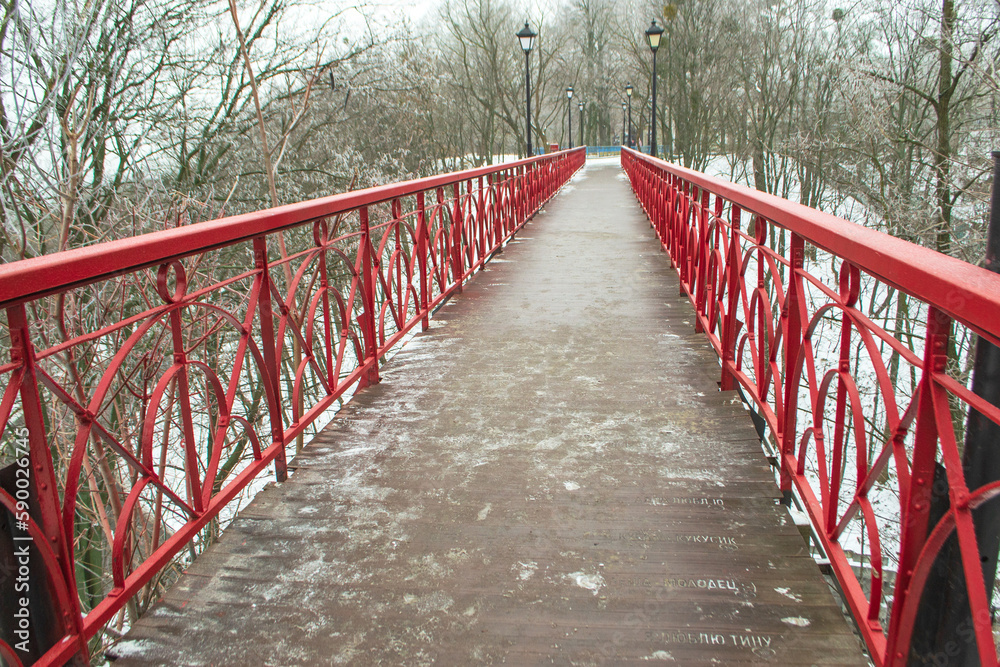 Park bridge over the road in Mariinsky Park in Kyiv. Winter, January