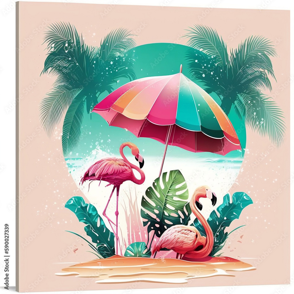 Summer Vibe with a Festive Tropical Beach Background Featuring Flamingos, Watermelons, Beach Umbrellas, and Palm Trees. Generative AI