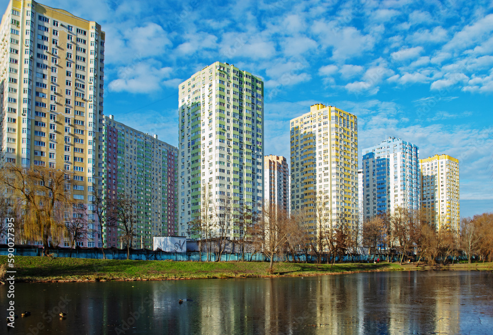 Residential area in Kyiv near the park, on the shore of a small lake
