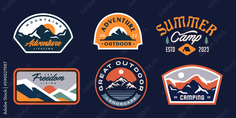 mountain adventure hipster badges. Set of Vintage Outdoor mountains Summer Camp Logo Patches. vector emblem designs. Great for shirts, stamps, stickers logos and labels.