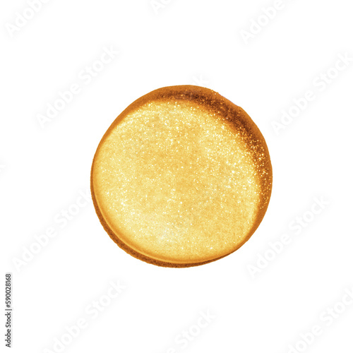 Large drop of liquid gold. Or a yellow liquid with sparkles. Isolated on a white background. Laboratory, chemistry, cosmetics, glitter. photo