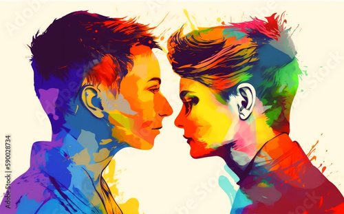 Beautiful young Lesbian girls holding a LGBT rainbow flag. Concept of LGBT love. Shallow field of view. Illustrative Generative AI. Not real people. 
