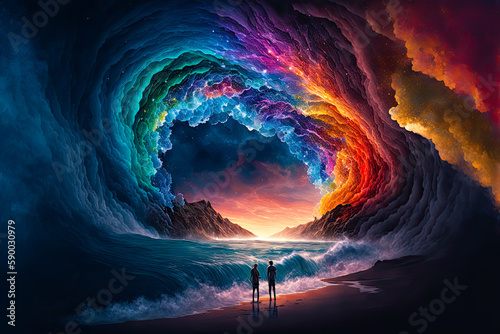 Rainbow landscape, ocean, night, two figures, colorful, fantasy. Generative AI