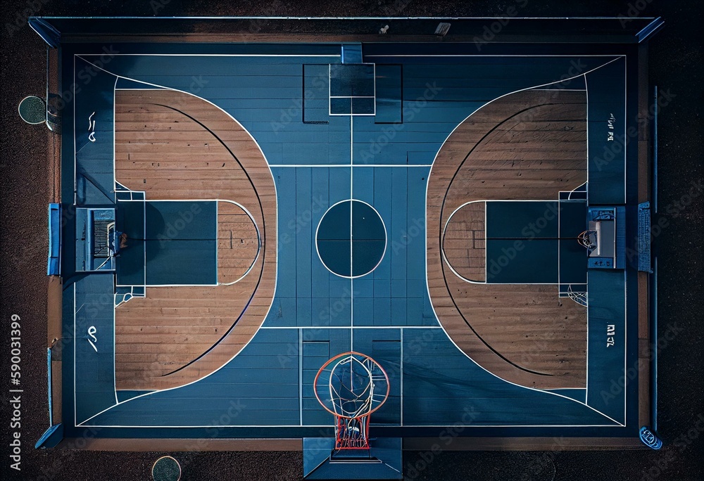 Overhead view of a wood basketball court painted in blue. Generative AI