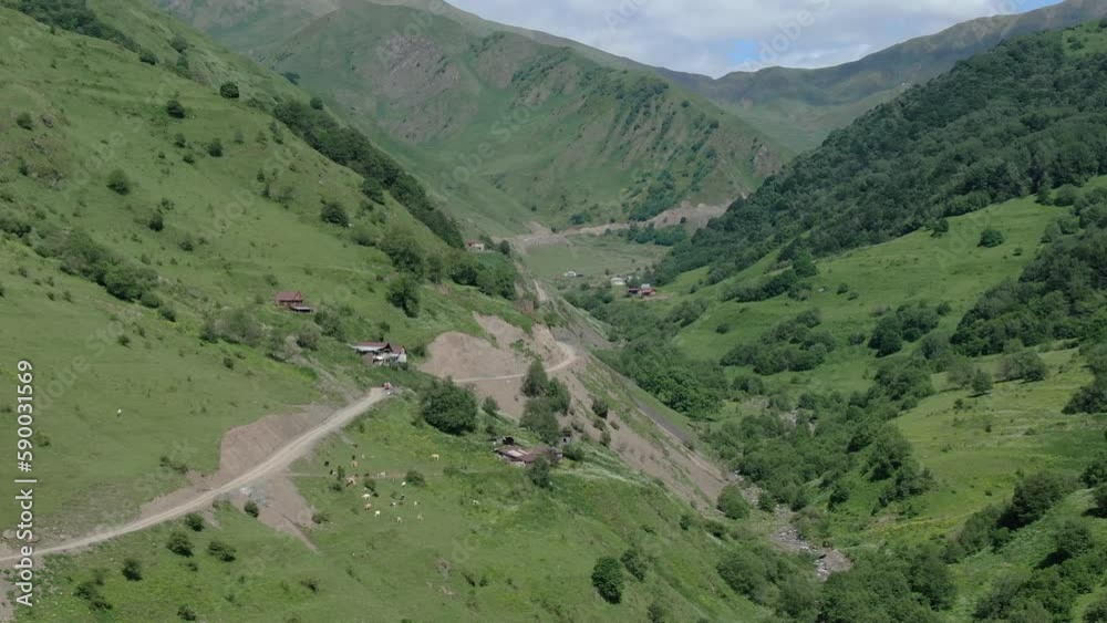 Aerial drone shot above the mountain road between the trees near Khevsureti, Georgia Aerial drone shot above the mountain road between the trees near Khevsureti, Georgia
