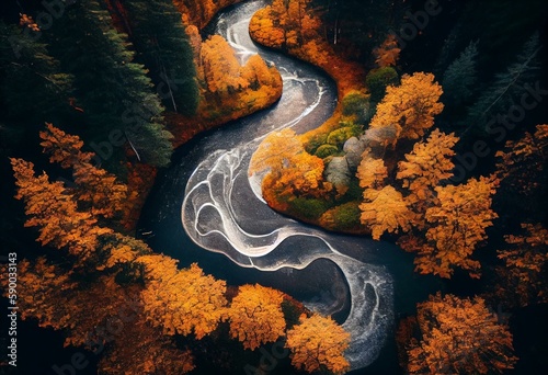 Bird's eye view of a rapid stream winding through a forest of warm-toned leaves. Fall in Finland. Generative AI © Mason