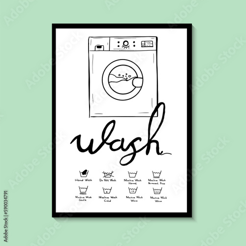 Washing instructions and washing machine vector for laundry room. For prints on the frame, posters, cards. Hand drawn black washing machine and washing instructions on a white background.