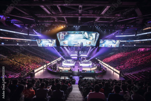 An esport event with a lot of people in a stadium with neon. Lots of gamers watching the tournament live in the big screens. Generative IA