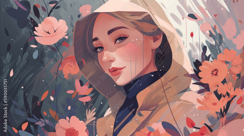 The girl embraces the tranquil beauty of the spring rain and flowers with open arms. Generative AI