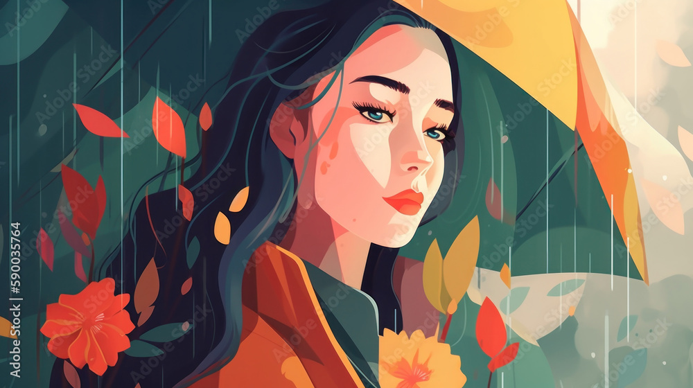 A beautiful girl in a colorful raincoat walks in the rain, surrounded by blooming flowers. Generative AI