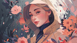 The girl embraces the tranquil beauty of the spring rain and flowers with open arms. Generative AI